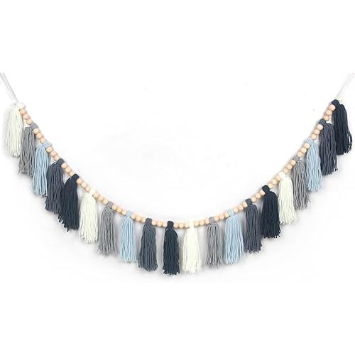 Dusty Blue Yarn Tassel Garland Wall Hanging Decor Coastal Boho Tassels Bunting Banner for Nursery Classroom Baby Shower Birthday Party Office Kids Room Bedroom Decoration