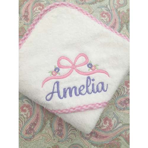 Monogrammed Baby Hooded Towel with Bow and Flowers: Velour Terry, Gingham Trim