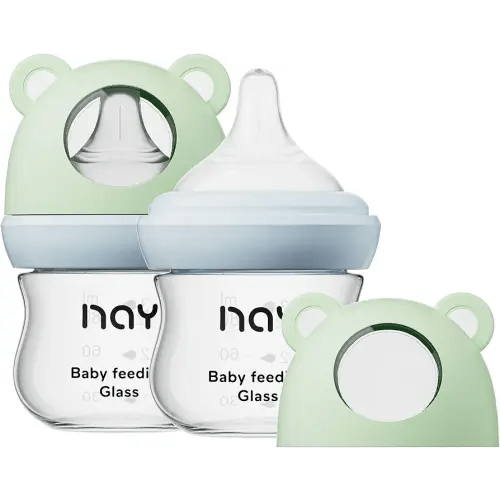 Natural Glass Baby Bottle for Breastfeeding Babies, 3oz Newborn Anti-Colic Baby Bottle with Slow Flow Nipples (SS), Clear, Wide Neck, 2 Pack, 0 Months+