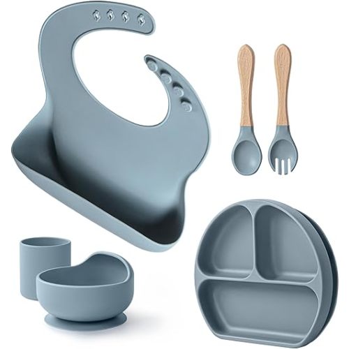 6pc No-Spill Silicone Feeding Set: Strong Suction Plate & Bowl, Self-Feeding Utensils, Bib, Cup | Food Grade BPA-Free, Dishwasher Safe | BLW & Toddler Essentials 6m+