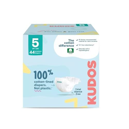 Kudos Size 5 Cotton-Lined Disposable Baby Diapers, 44 Count, Ultra Absorbent Baby Diapers, Soft Comfort, Gentle Materials, Secure Fit for Sensitive Skin
