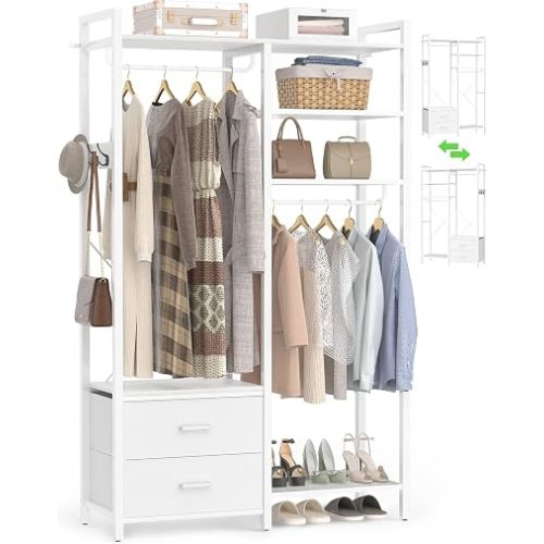 78.7'' Clothes Rack for Hanging Clothes - Reversible Clothing Rack with 2 Drawers, Heavy Duty Garment Racks with Shelves, 6 Tiers Freestanding Portable Closet Wardrobe System with Hanging Hooks, White