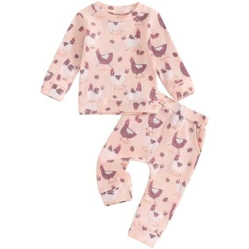 Toddler Baby Girl Fall Winter Clothes Dinosaur/Butterfly/Chicken Print Long Sleeve Crewneck Sweatshirt Pants Set