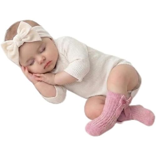 5 Pairs Newborn Preemie Girls Socks, Cotton Knit Bow Socks, Soft & Breathable Ankle Stockings with Bow for Newborn Preemie Toddlers, Gift for Baby Shower Birthday Christmas