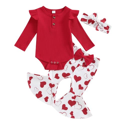 Kuriozud Newborn Baby Girl Bell Bottom Outfit Ruffle Romper Cute Bow Flare Pants Set Headband Cute Clothes
