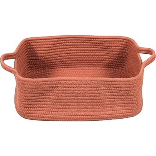 XUANGUO Woven Cotton Rope Storage Basket with Handles for Organizing Shelves Closet Small Cat Dog Pet Toy Baskets Box Bin Decorative Rectangle Baby Nursery Basket Gift Basket Empty (Rust)