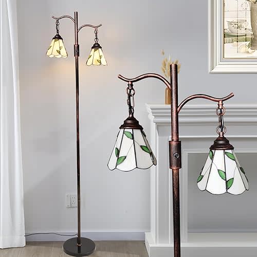 Vintage Dimmable Floor Lamp,2 Tiffany Lampshades Standing Lamp, Rustic Farmhouse Floor Lamps with Red Copper Finish,for Living Room Bedroom