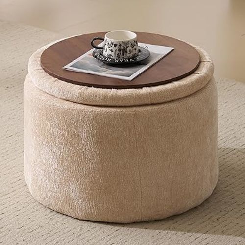 Modern Round Storage Ottoman with Reversible Tray Lid,Chenille Ottoman Foot Stools, Ottoman Footstool with Hidden Storage, Storage Ottoman for Living Room, Multi-Functional Footrest, Beige
