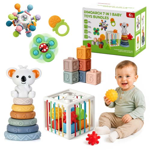 Dimoarch 7-in-1 Baby Toys 6-12 Months Boys Girls, Infant Sensory Teething Toys for 3-6-9-12-18 Month, Montessori Toy Bundles, Christmas Birthday Gift