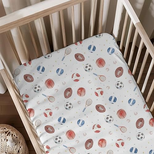 Watercolor Football Baseball Soccer Basketball Balls Pattern Baby Sheets for Crib, Unisex Sports Nursery Fitted Bed Sheet for Boys Girls Standard Crib and Toddler Mattress-28x52