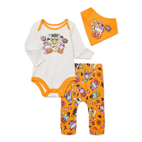 Halloween Hello Kitty and Friends Baby Girls Bodysuit and Pants with Bib Outfit Set, 3-Piece, Sizes 0M-12M