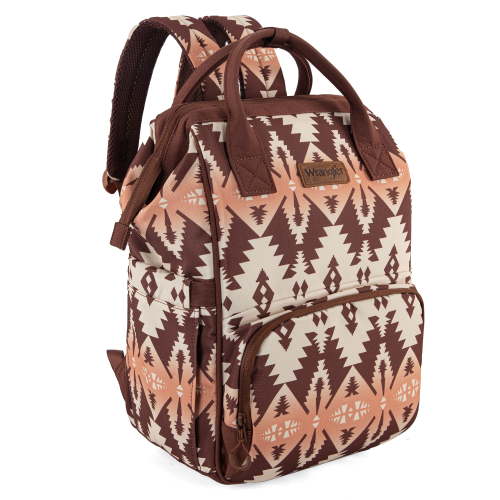 Wrangler Aztec Travel Backpack Baby Bag for Women with Stroller Strap and Side Bottle Pockets Organized Diaper Bag, Brown
