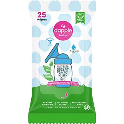 Breast Pump Wipes by Dapple Baby, 25 Count, Fragrance Free, Plant Based & Hypoallergenic Breast Pump Wipes - Removes Milk Residue, Leaves No Taste - Convenient Wipes Pouch