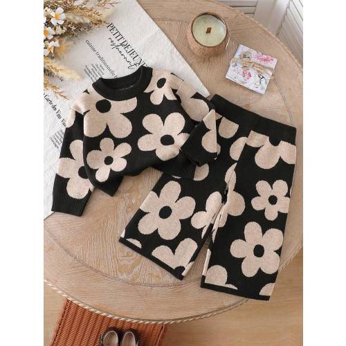 SHEIN Playful Pals Baby Girls Fashionable Casual Cute Pattern Jacquard Knit Sweater Long Sleeve Top And Pants Set, Autumn/Winter Two Pieces Suit Autumn And Winter Set Sweater Pants Set Two Pieces Sets Floral Knit Set Autumn And Winter Two Pieces Suit Baby