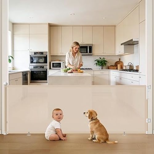 76" Retractable Baby Gates Extra Wide, Mesh Long Dog Gate for Wide Openings, Indoor Outdoor Stair Gate for Doorways Hallways Deck Porch, Child Pet Safety Essentials for Home, Beige
