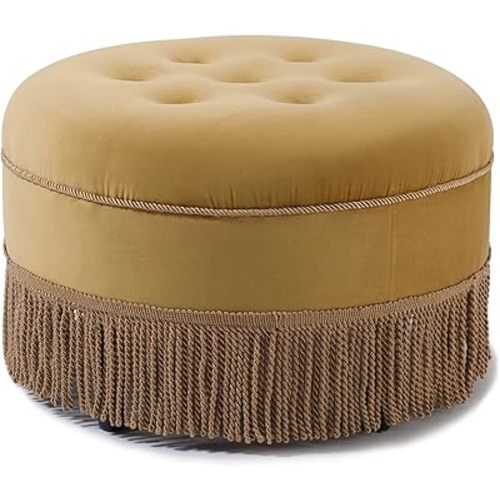 Jennifer Taylor Home Yolanda Upholstered Round Accent Ottoman, Gold Yellow Velvet with Gold Trim