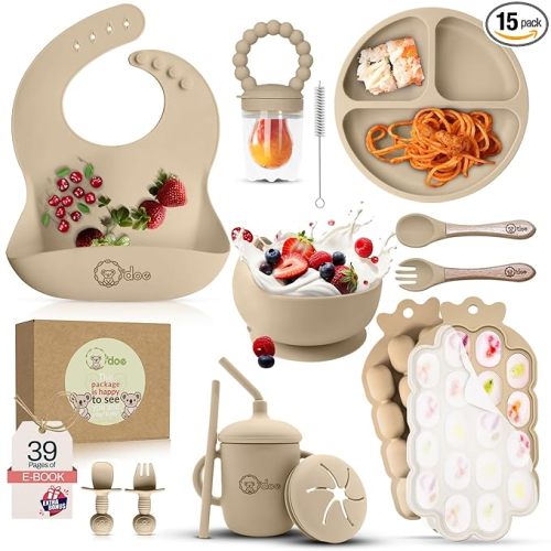 O'doe™Baby Weaning Set, 15 Pcs Silicone Baby Feeding Set BPA-Free | Silicone Feeding Set for Baby with Suction Plate, Bowl, Bib, Sippy Cup, Fruit Feeder & Freezer Tray
