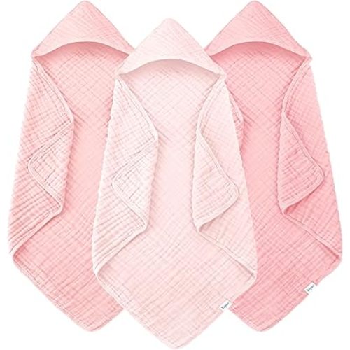 Muslin Hooded Baby Bath Towels - 3 Pack 100% Cotton Ultra-Soft Towels for Newborns, Infants, Toddlers - 32x32 Inch - Highly Absorbent, Quick-Dry Essentials for Bath Time, Beach, Pool, Pink Series