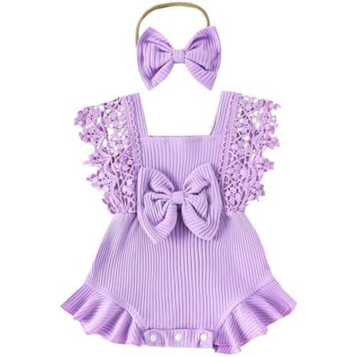 Newborn Baby Girl Lace Romper Ruffle Sleeveless Backless One Piece Jumpsuit Bodysuit with Headband Summer Clothes