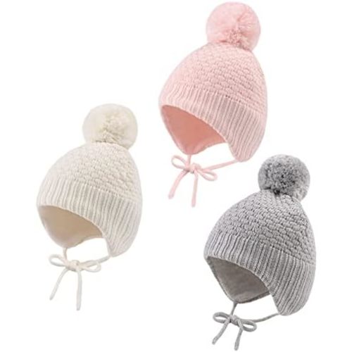 Baby Girl Winter Hats Fleece Lined Infant Beanie Hat for Boys Knitted Kids Earflap Beanis with Pompom 0-8 Years