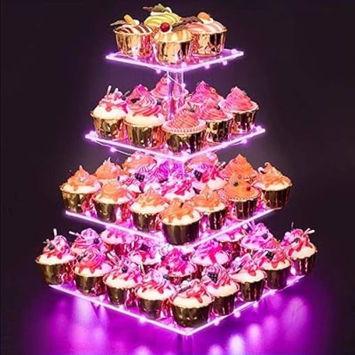 YestBuy Acrylic Cupcake Stand for 50 Cupcakes, 4 Tier Cupcakes Tower Stand with Pink LED Lights and 4.7" Clear Tiers, Perfect for Birthday, Baby Shower, Wedding and Candy Bar