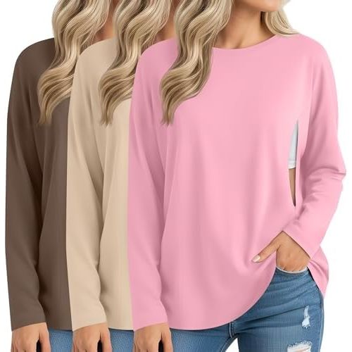 3 Pack Women's Nursing Breastfeeding Tops, Long Sleeve Maternity Shirts Oversize Hidden Zipper Pregnancy Clothes