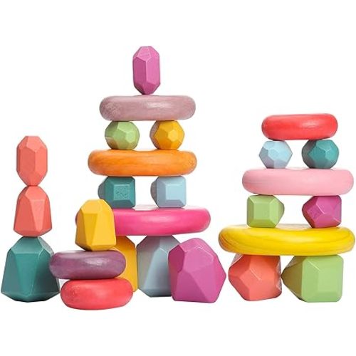 OESSUF Stacking Rocks 26Pcs Stacking Blocks Balancing Stones Wooden Building Toys Wood Stone Stacking Game for Toddler Sorting Preschool Educational Montessori Stacking Rocks for Kids