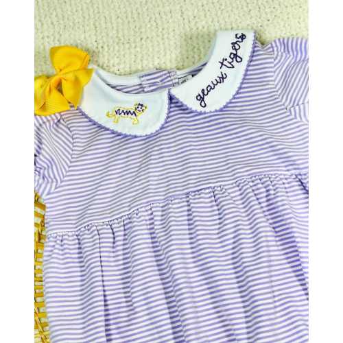 Hand Embroidered LSU Tigers Bubble Dress, Lavender Stripe