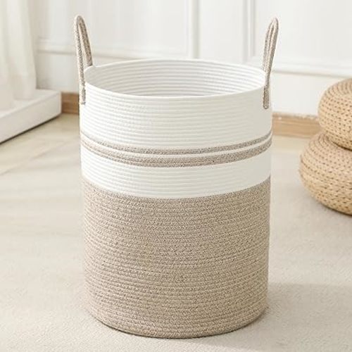 Woven Laundry Hamper Tall Rope Storage Basket for Blanket toys Dirty Clothes in Living Room Bathroom Bedroom (Brown&White, 60L/15.8Gal)