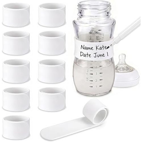 Reusable Bottle Labels - 10PCS Bottle Labels，Reusable & Silicone，Anti-Loss Reminder Wristband & Identifier BandBaby-Bottles-Label for Daycares Writable (White)