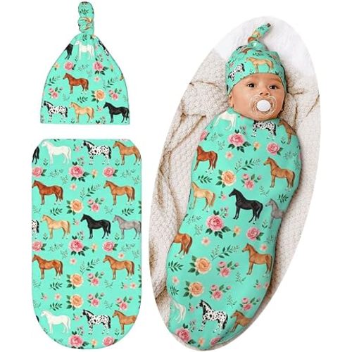 Lcokin Swaddle Blanket Horse Baby Stuff Newborn Baby Swaddling Blanket with Beanie Hat Sets Gifts for Boys Girls Infant and Baby Shower Unisex
