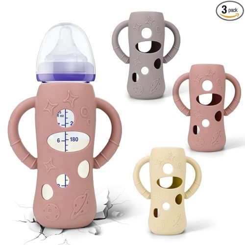 BUSOHA 3 Pack Silicone Sleeves for Lansinoh Glass Baby Bottles - Wide Neck Baby Bottles Sleeves for Lansinoh Bottles Baby Anti-Colic Bottles Holder with Handle Silicone Protector,8 oz