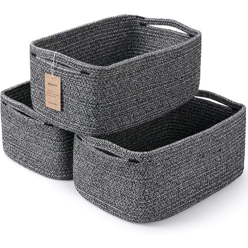 3-Pack Shelf Baskets for Organizing, Closet Organizer Bins, Small Woven Baskets, Rope Toy Basket, Storage Basket for Shelves, Cube Decorative Box, 11.8×7.8×5.1”, Mixed Black