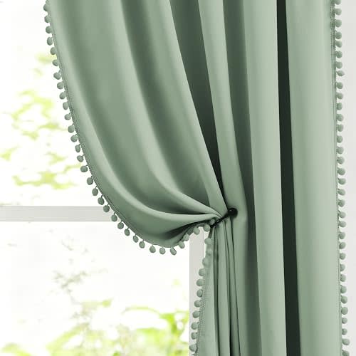 Treatmentex Pompom Blackout Curtains for Bedroom Sage Green 84 inch Energy Efficient Thermal Insulated Living Room Darkening Curtain Panels for Kitchen Nursery Room 52" w x2 Panels Rod Pocket