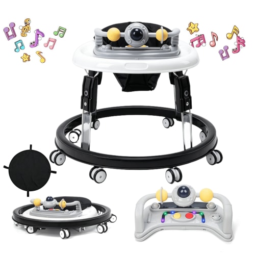 PRVAETU Foldable Baby Walker Activity Center W/ Music Toy,Wheels,Height Adjustable,Foot Pad for 6-18 Months Babies Infant Boys Girls,Black
