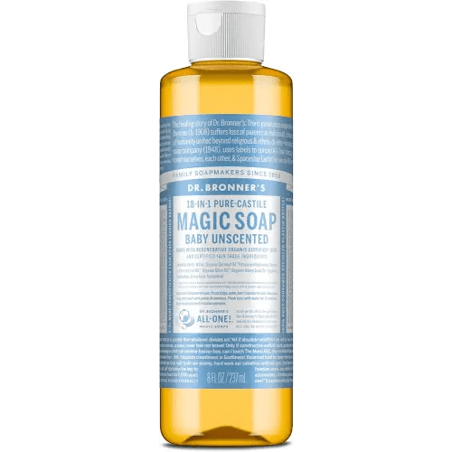 Dr. Bronner's Pure-Castile Magic Liquid Soap (Baby Unscented, 8 Ounce)- Made with Regenerative Organic Certified Oils, For Face, Body Wash, Baby Soap, Sensitive Skin, No Added Fragrance, Vegan