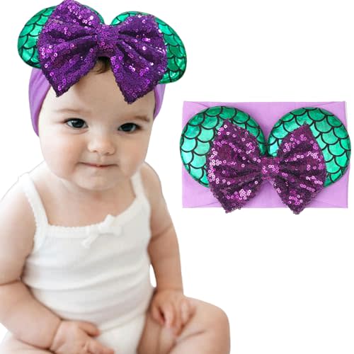 BBGifts 1PC Baby Girl Purple Mermaid Headband Mouse Ear Nylon Sequins Headband for Newborn Infant Baby Toddler Girls