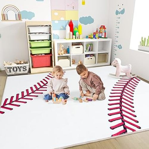 Soft Baseball Rugs for Bedroom, Machine Washable, Cute Bedside Boys Area Rug for Kids Toddlers Teens, Baseballs Lovers Home Decor Indoor Carpet for Living Room, Dorms, Nursery 4x5 Ft