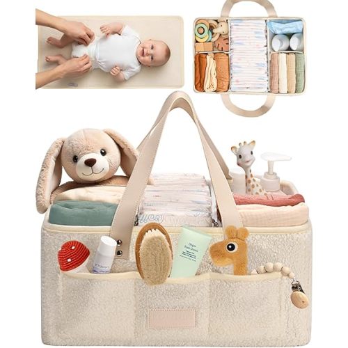 Baby Diaper Caddy Organizer with Portable Changing Mat - Teddy Fleece Diaper Organizer for Changing Table - Basket for Changing Essentials - Baby Essentials Organizer with Removable Dividers