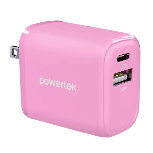 Powertek 20W USB-C + USB-A Wall Charger, Fast Charging Power Delivery Cube, Dual Port Compact Charger, Pink