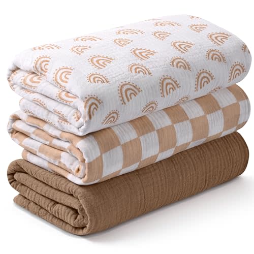 Muslin Swaddle Blankets for Newborn, 3 Pack Breathable Soft Receiving Blanket, Large 38 x 40 inches Swaddle Wrap Burping Clothes Diapers, Essentials Infant Shower Items, Toddler Gift (Rainbow & Grid)