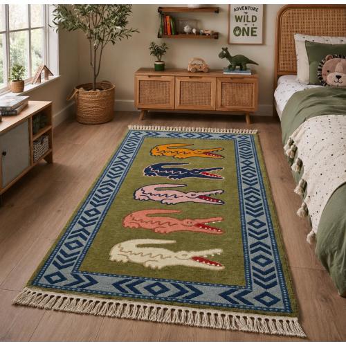 Handknotted Wool Crocodile Alligator Rug, Green Tribal Boho Carpet for Nursery