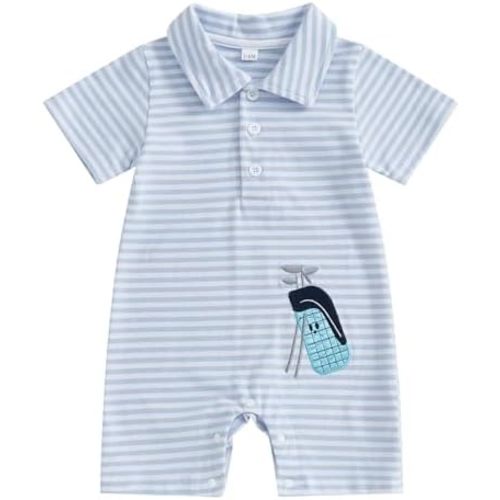 Baby Boy Summer Outfit Short Sleeve Embroidery Collared Romper Lapel Button Striped Bodysuit Jumpsuit Clothes