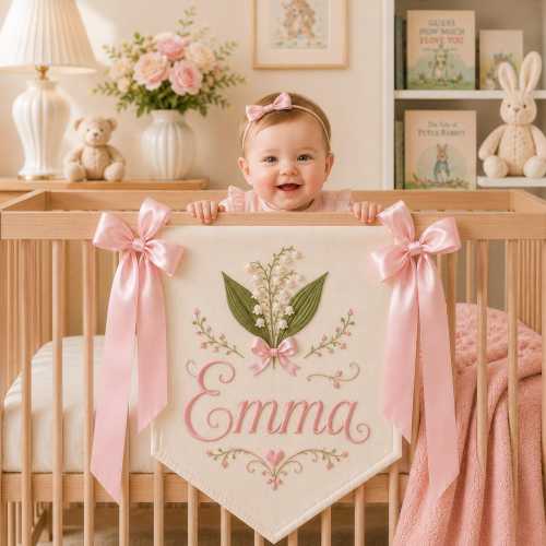 Embroidered Baby Banner, Personalized Birth Flower Name Sign, Nursery Decor