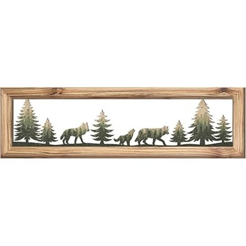 Wesiti Woodland Wolf Wall Art 16 Inch Wood Frame Metal Rustic Forest Animal Wall Decor Farmhouse Lodge Cabin Picture Art Decor for Home Bedroom Living Room