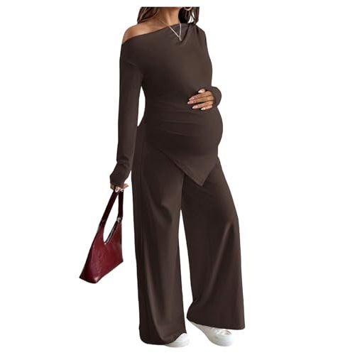 MakeMeChic Women's Maternity Clothes 2 Piece Spring Outfits Asymmetrical Top and Pants Matching Sets