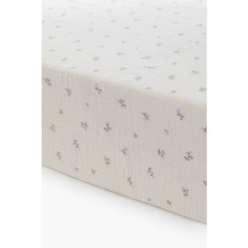 MUSLIN FITTED CRIB SHEET - Light beige/floral