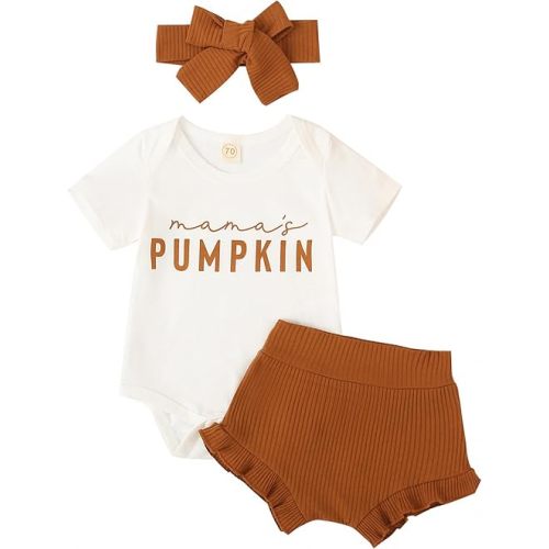 Halloween/Thanksgiving Baby Girl Outfit Pumpkin Romper+Ruffle Shorts Set+Headband Newborn Fall Clothes Clothing