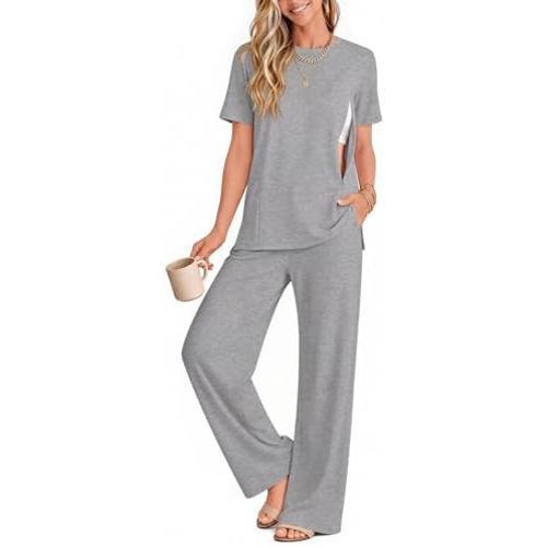 2 Piece Nursing Breastfeeding Set Maternity Pajamas with Hidden Zipper Postpartum Short Sleeve Lounge Outfit Set Pjs