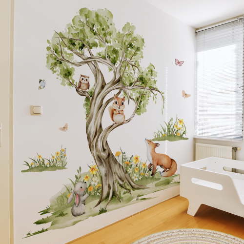 Tuscom Large Tree Wall Decal with Small Animals, Reusable Vinyl Wall Sticker for Room, Playroom, Nature-Themed Forest Wall Art for Indoor Home Decor